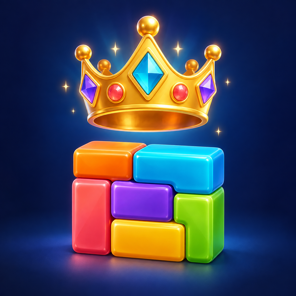 A golden jeweled crown above colorful glossy puzzle patches